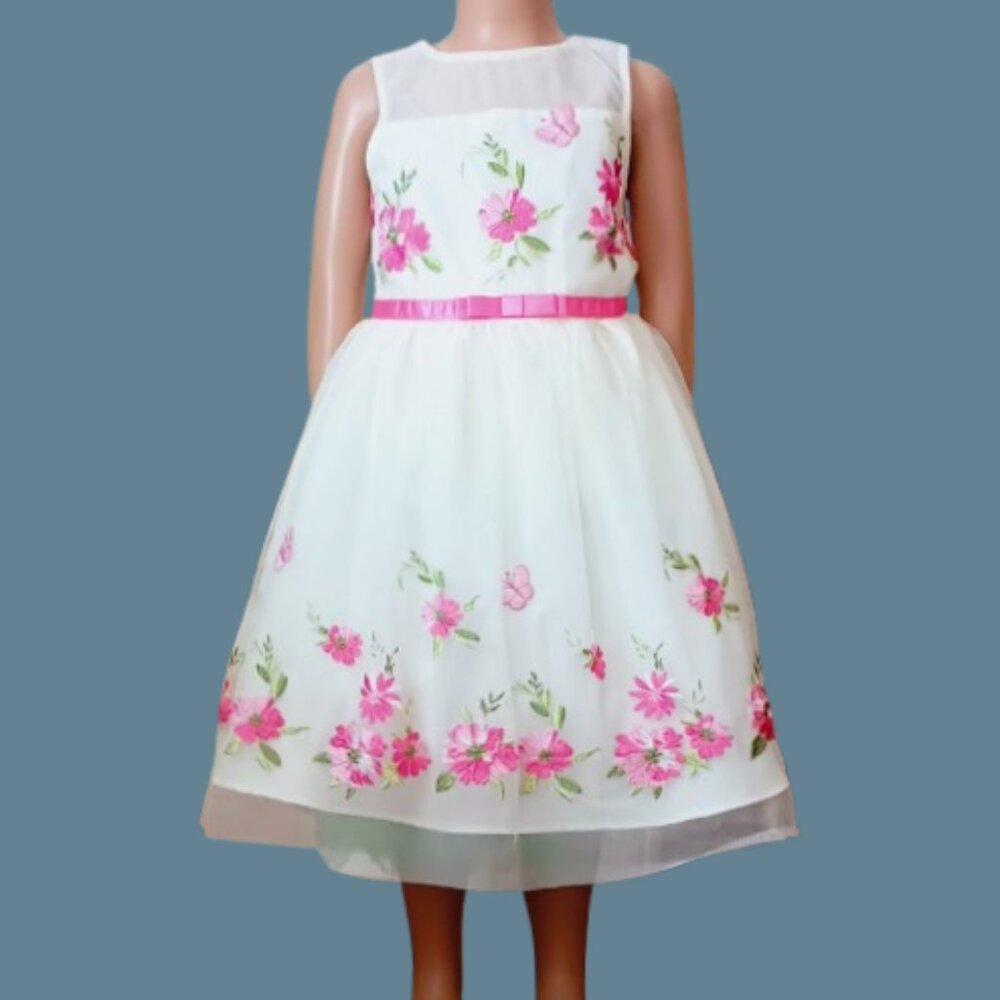 White Pink Embroidered Floral Dress 6 Girls Tulle Sleeveless Sheer Lined Wedding